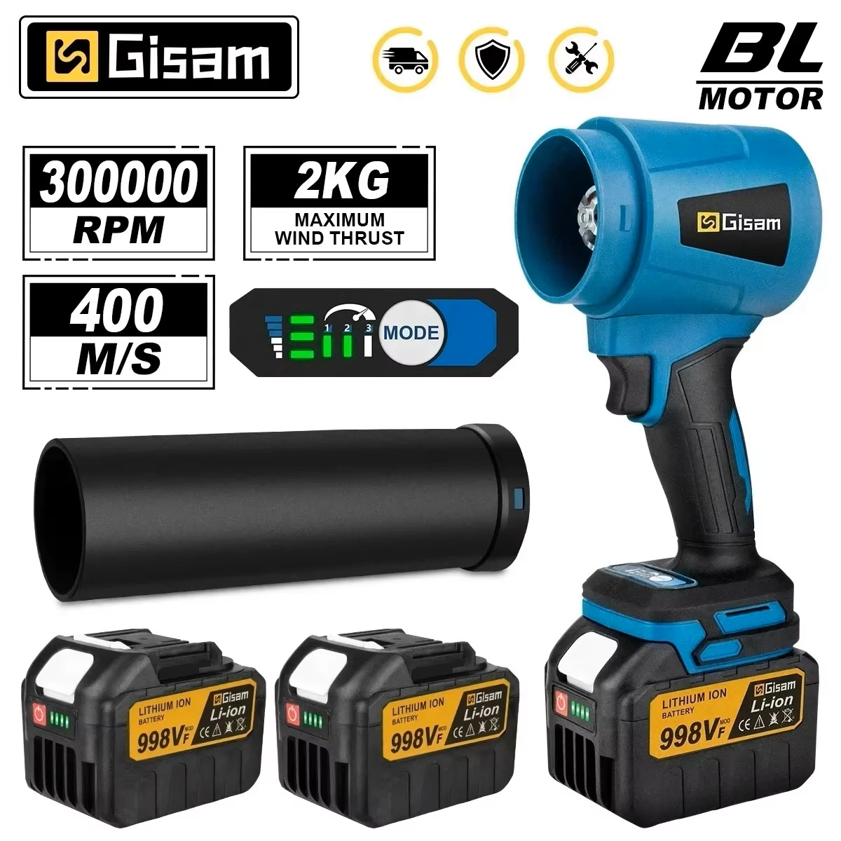 GISAM Dmuchawa turbinowa elektryczna bezszczotkowa 202216001, 300000RPM wentylator strumieniowy 400M/S, ręczna dmuchawa do liści i usuwania kurzu, kompatybilna z pinami akumulatora Makita 18V